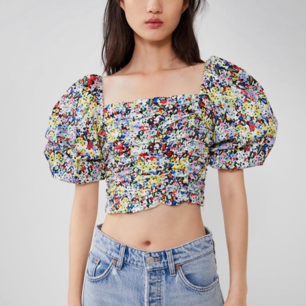 ZARA top cropped floral puff sleeve